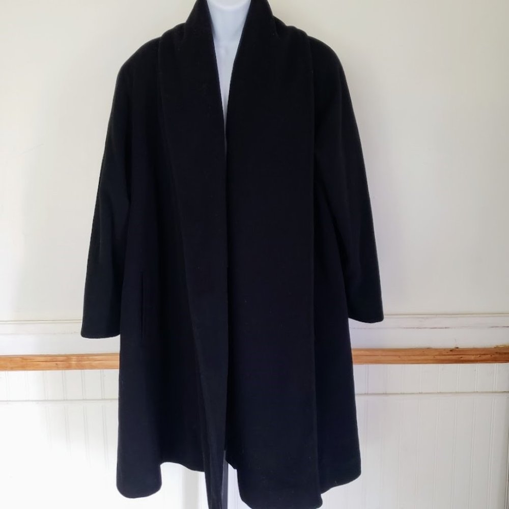 Karen Womens Wool Coat One Size Black Open Front Pockets Lined Winter Warm Vtg